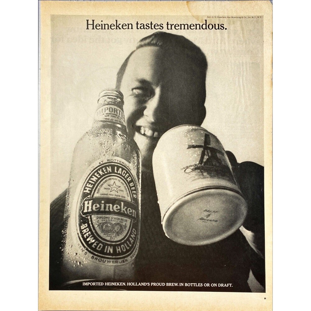 Heineken "tastes tremendous: Holland's Proud Bre" Man Cave Vintage Print Ad 1968